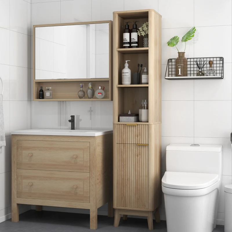 HOMCOM Coluna de Casa de Banho Móvel de Casa de Banho Estreito com Porta Canaleda Gaveta 3 Compartimentos e Prateleiras Ajustáveis 33x30x170 cm Madeira