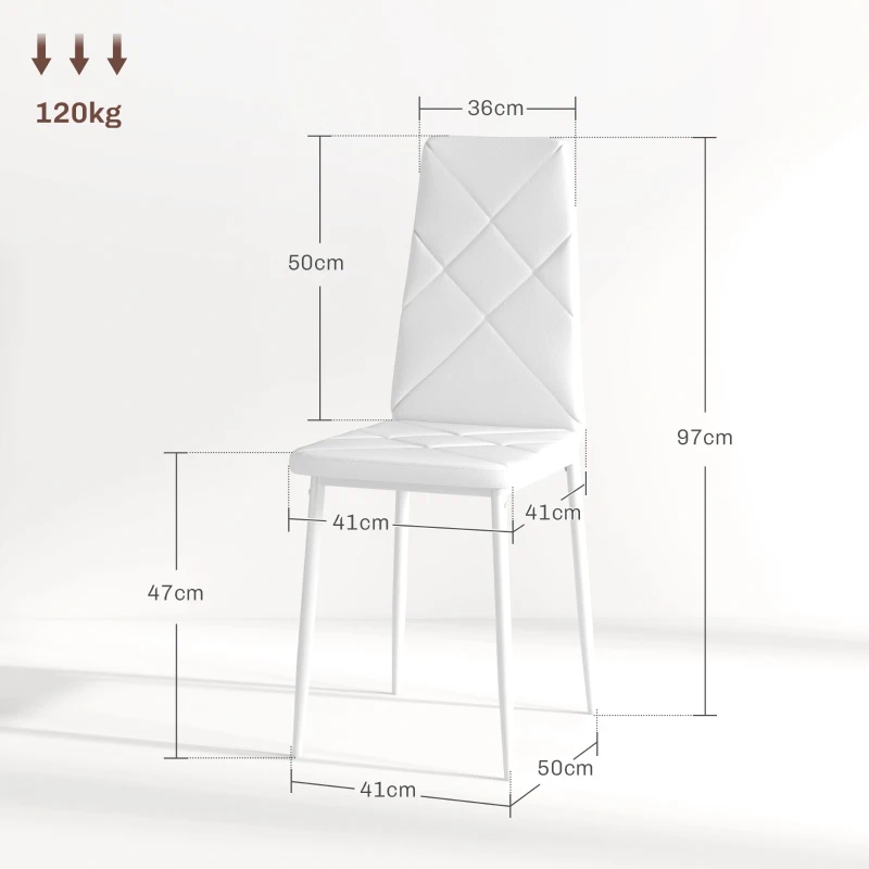 HOMCOM Set di 2 Sedie da Pranzo Moderne con Schienale Alto in Finta Pelle e Acciaio, 41x50x97 cm, Bianco