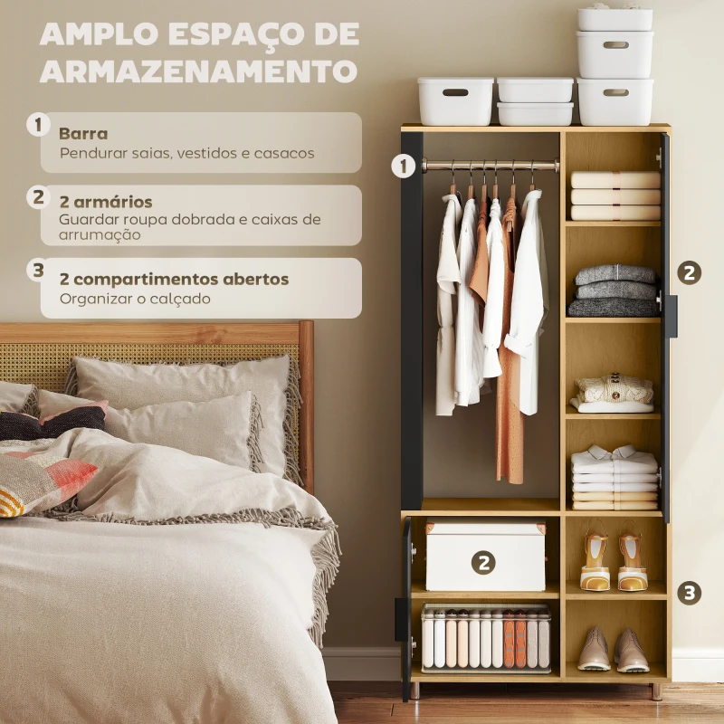 HOMCOM Roupeiro com Espelho e Porta Barra para Pendurar 2 Compartimentos Abertos Estilo Moderno 80x30x170 cm Madeira e Preto