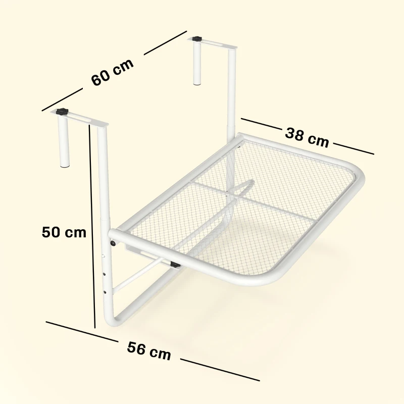 Outsunny Tavolo da Ringhiera con Ganci ad Altezza Regolabile su 3 Livelli, in Metallo, 60x56x50 cm, Bianco
