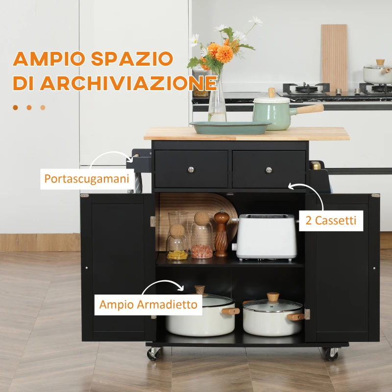 HOMCOM Carrello da Cucina con Armadietto, 2 Cassetti e Portaspezie, Isola da Cucina in Legno, 89x45x89.5cm, Nero