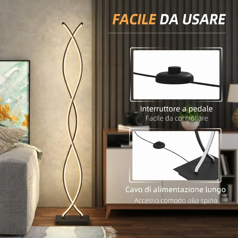 HOMCOM Lampada da Terra LED a Doppia Spirale, Lampada da Salotto con Luminosità Regolabile, Interruttore a Pedale, Nero