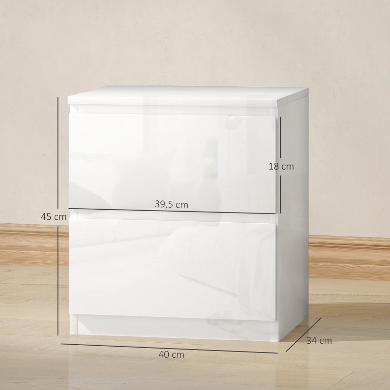 HOMCOM Conjunto de 2 Mesas de Cabeceira Moderna Mesas de Cabeceira com Gavetas para Dormitório 40x34x45 cm Branco Brilhante