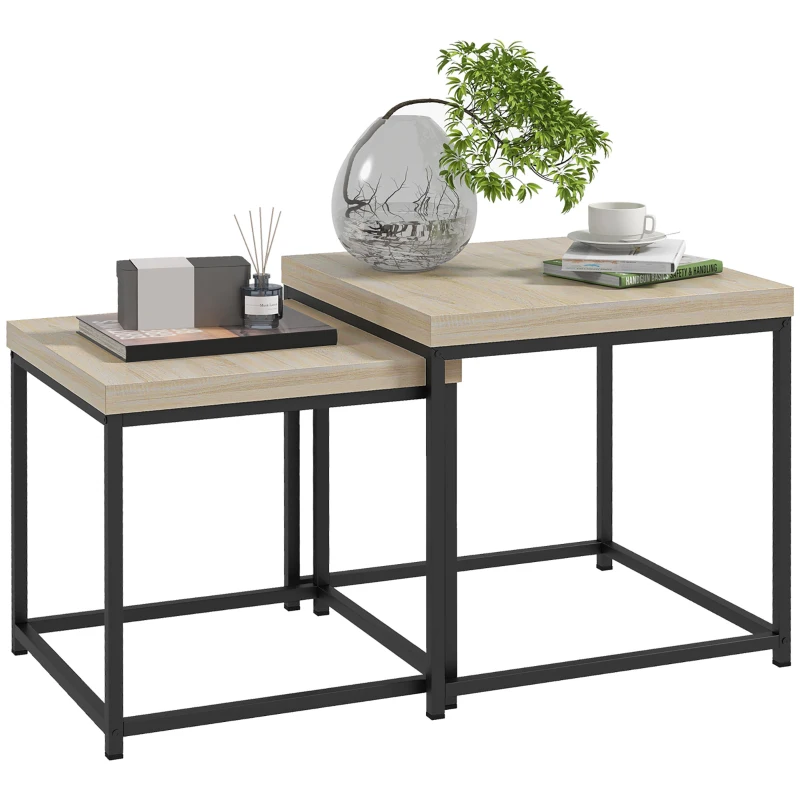 HOMCOM Lot de 2 tables gigognes tables basses carrées tables de salon cadre en acier et plateaux en panneaux de particules