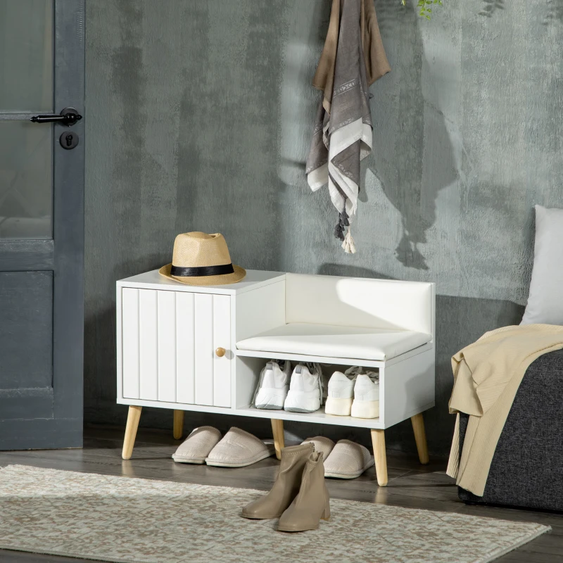 HOMCOM Scarpiera da Ingresso con Seduta Imbottita e Armadietto per 4 Paia di Scarpe, 80x33x49cm, Bianco