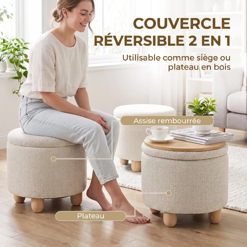 HOMCOM Pouf Coffre de Rangement Rond en Toile de Jute, Repose-pieds avec Couvercle, Pieds Bois Hévéa, Beige