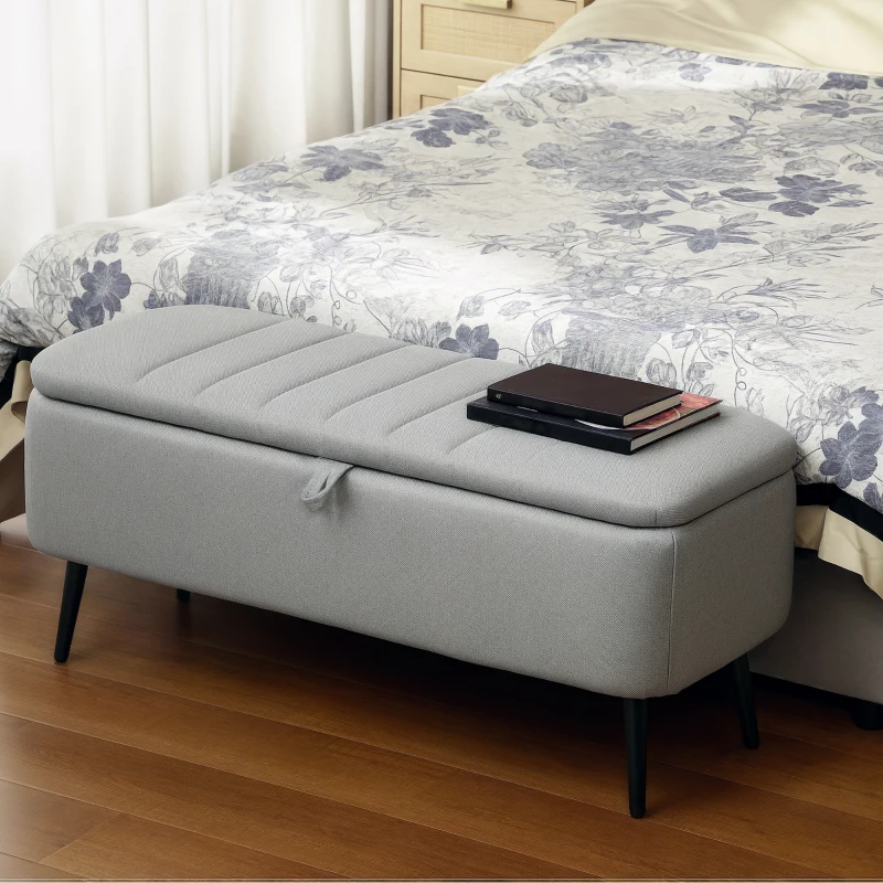 HOMCOM 92 x 31cm Linen-Look Storage Ottoman - Light Grey
