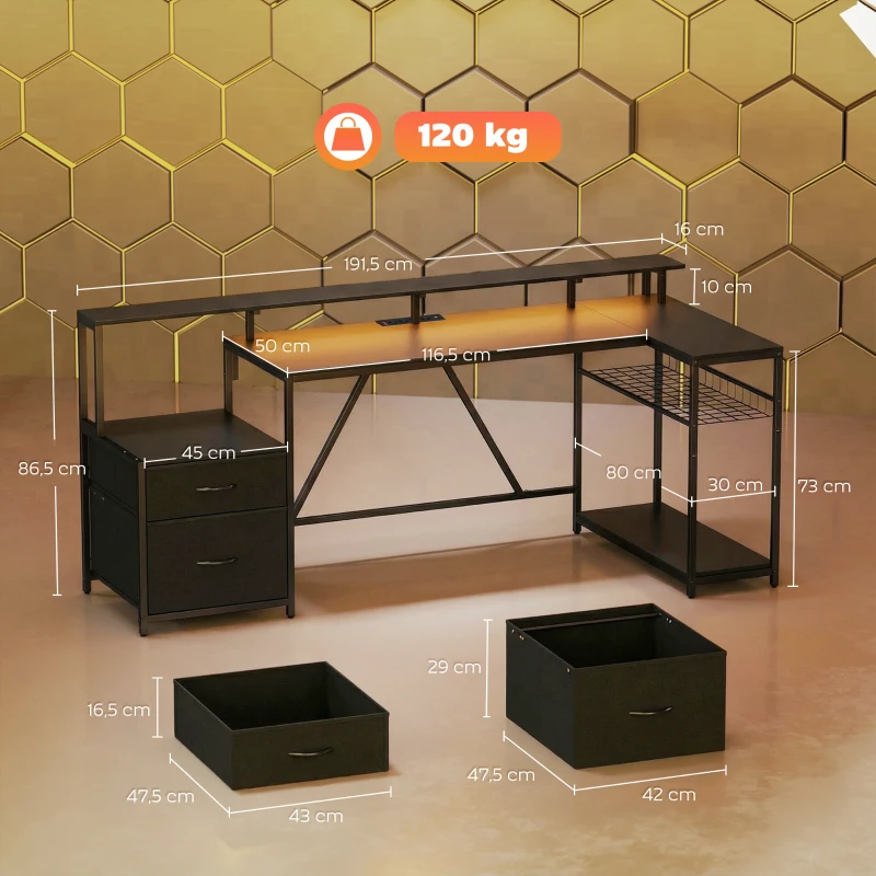 HOMCOM Scrivania Gaming Angolare con Hub di Ricarica, Luci LED e Supporto Monitor, in Legno e Acciaio, 192.5x80x86.5 cm, Nero