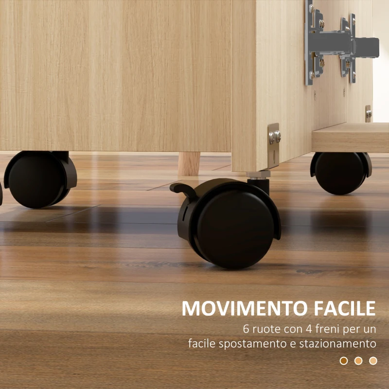 HOMCOM Tavolo Pieghevole con 2 Cassetti e Armadietto, 6 Rotelle e Freni, 120x60x76.5 cm, Color Legno
