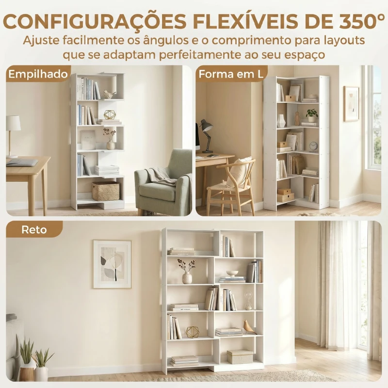 HOMCOM Estante Expansível 5 Níveis Estante para Livros Giratória 350° Largura Ajustável Convertível em L Reta ou Compacta 111,5x23,8x163,7 cm Branco