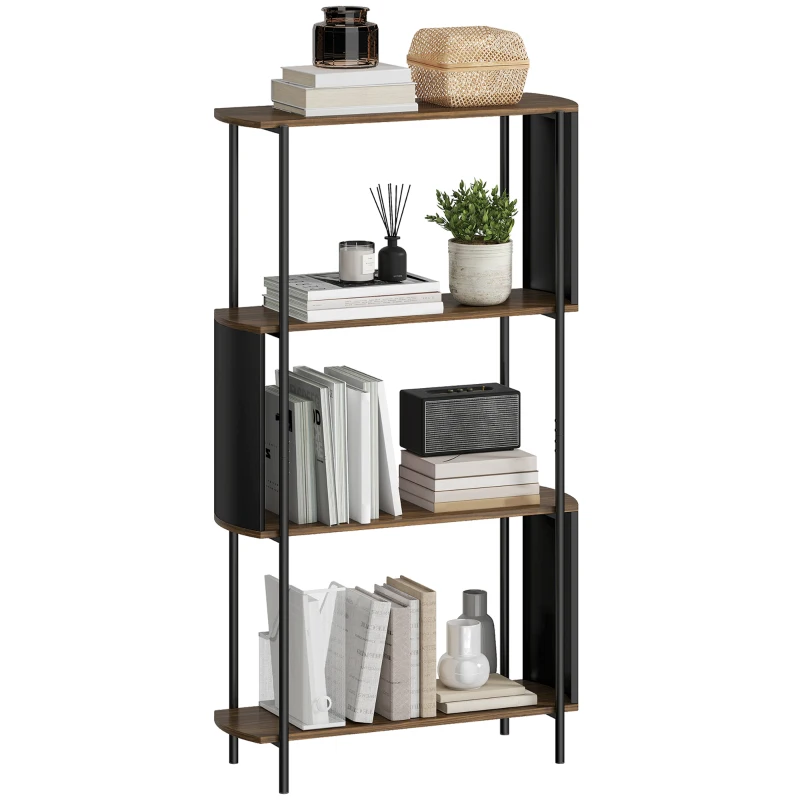 HOMCOM Étagère de rangement, bibliothèque à 4 niveaux avec panneaux latéraux incurvés, cadre en acier, 80x30x141cm, marron