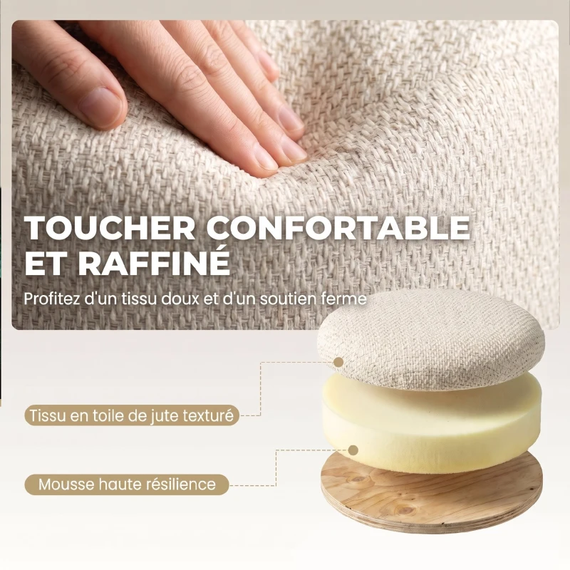 HOMCOM Pouf Coffre de Rangement Rond en Toile de Jute, Repose-pieds avec Couvercle, Pieds Bois Hévéa, Beige