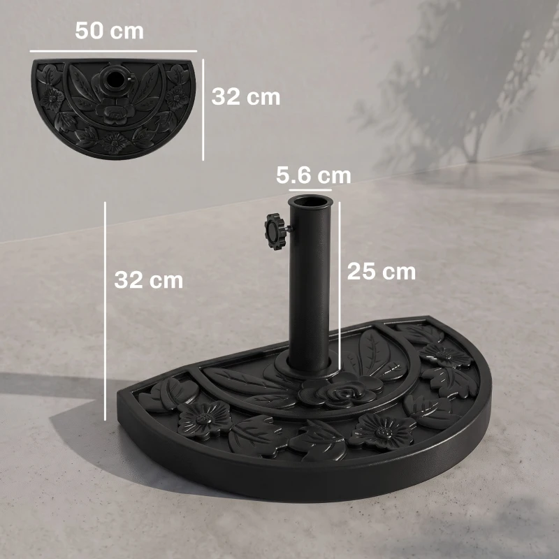 Outsunny Base per Ombrellone Semicircolare da 9 kg in HDPE, Cemento e Metallo con Motivi Floreali, Ø50x32x32 cm, Nero
