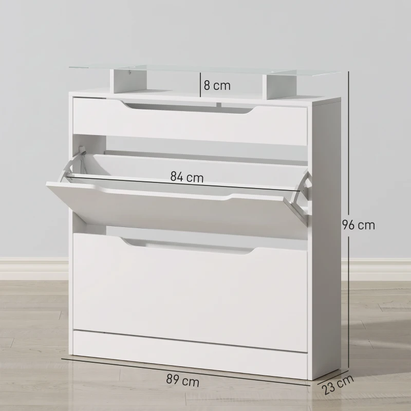 HOMCOM Shoe Storage Cabinet with Slide Out Drawer, 2 Flip Doors, Tempered Glass Top - White