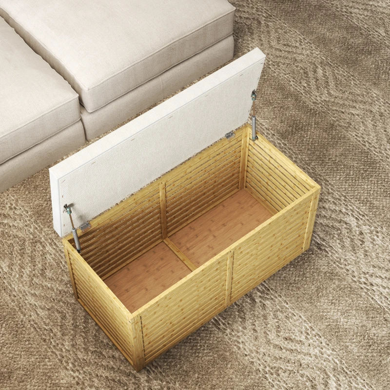 HOMCOM Banc de rangement, coffre de rangement rembourré en tissu aspect lin, couvercle et structure en bambou, gris et naturel