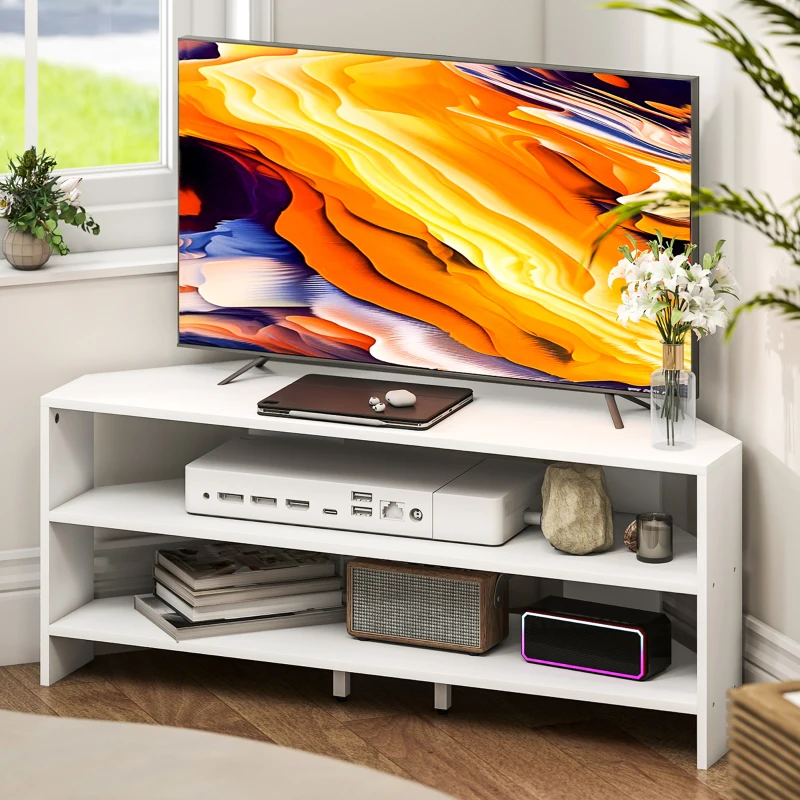 HOMCOM Mobil TV de colț pentru 47" max cu 2 rafturi deschise, din lemn, 110x36x45 cm, alb