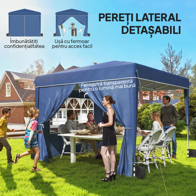 Outsunny Foișor Pliabil 3x3 m cu Pereți și Înălțime Reglabilă, Protecție UV 50+, Albastru Închis