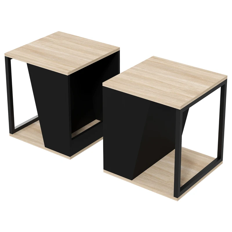 HOMCOM Lot de 2 tables d'appoint bout de canapé avec rangement structure en acier 40 x 40 x 45 cm noir et naturel