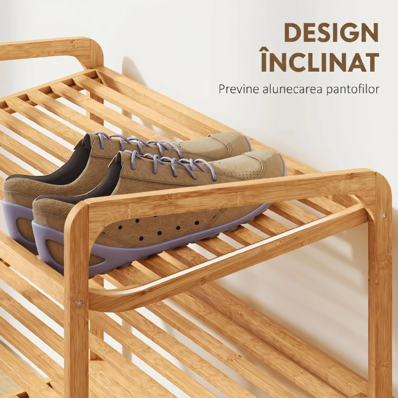 HOMCOM Etajeră pentru pantofi din bambus, cu 3 niveluri, pentru 12 perechi de pantofi, rafturi din bambus cu lamele, 76x33x50,8 cm, culoare lemn natural