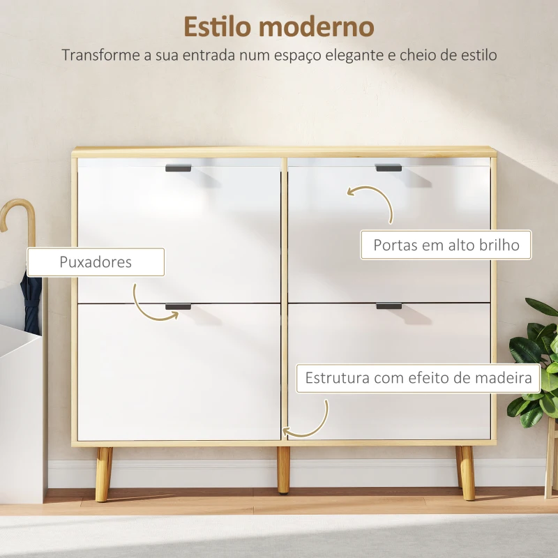 HOMCOM Sapateira Estreita com 4 Portas em Branco Brilho Prateleiras Ajustáveis Pernas de Madeira para 20 Pares de Sapatos 105x24x92,5 cm