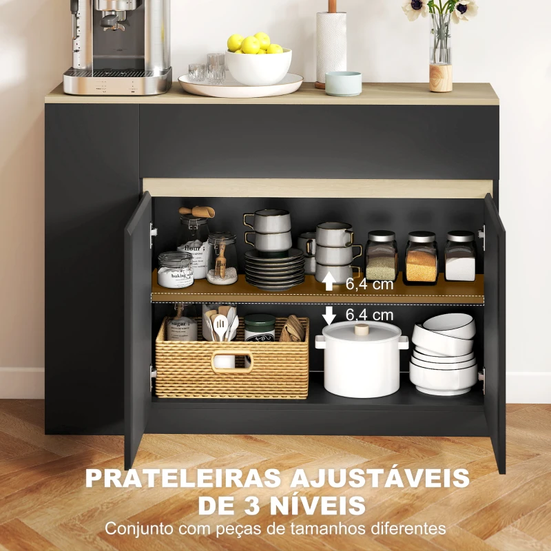 HOMCOM Aparador de Cozinha com Armário 2 Gavetas 3 Prateleiras Abertas 2 Portas e Prateleira Ajustável 110x29,5x82 cm Preto
