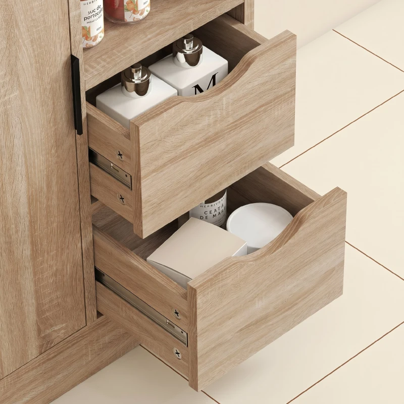 HOMCOM Mobilă de baie compactă Slim cu 2 sertare, rafturi și dulap, 50x25x100 cm, lemn natural