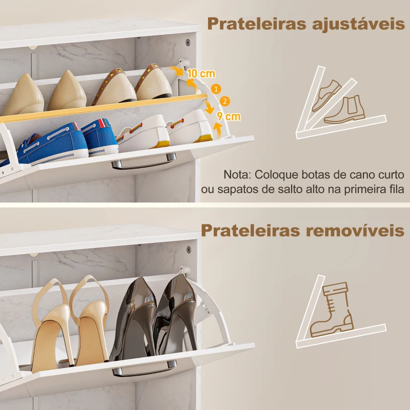 HOMCOM Sapateira Estreita 2 Portas de Alto Brilho com Prateleiras Ajustáveis Design Mármore para 8 Pares de Sapatos 60x24x80 cm Branco