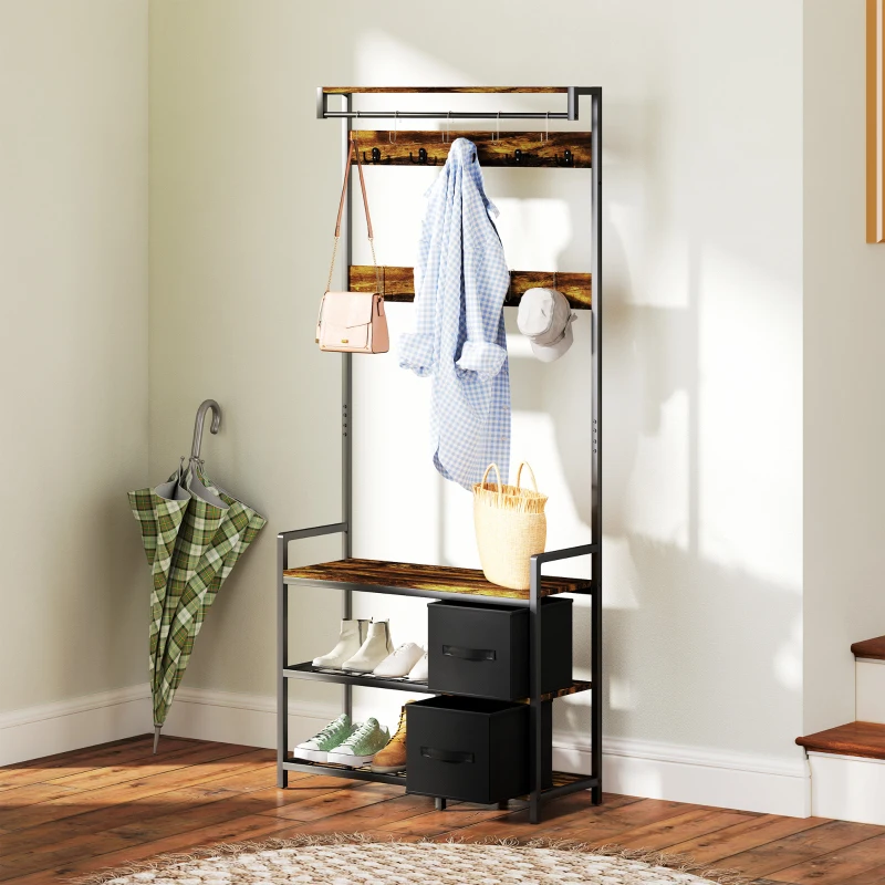 HOMCOM Industrial-Style Multi-Use Hallway Tree - Brown/Black