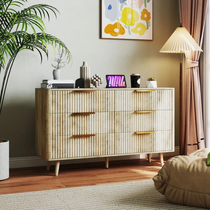 HOMCOM Cómoda com 6 Gavetas para Dormitório com Frentes das Gavetas Estriadas e Pés de Madeira 120x40x76 cm Madeira
