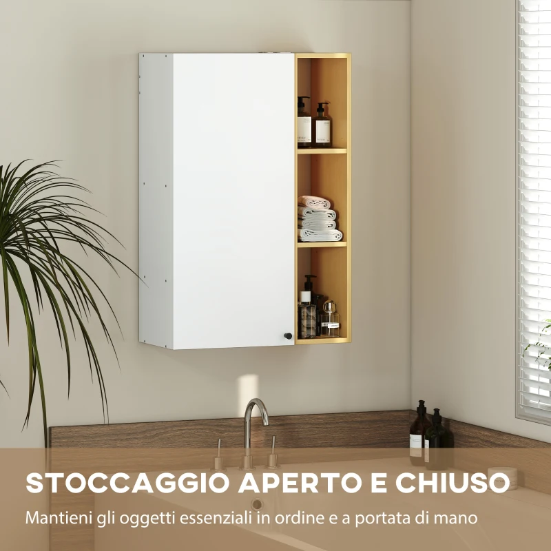 HOMCOM Armadietto Bagno a Parete con Ripiani Regolabili e 3 Mensole Aperte, 59.5x30x90 cm, Bianco e Legno