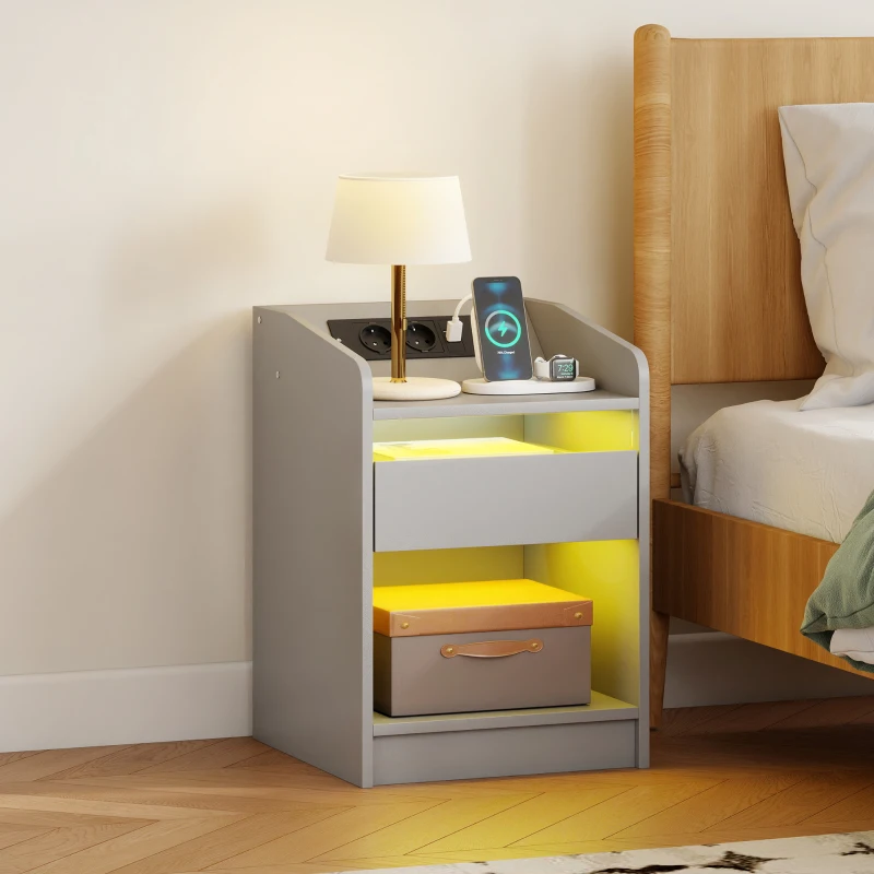 HOMCOM Mesa de Cabeceira com Luzes LED Gaveta Prateleira Estação de Carregamento Entrada USB e Controlo Remoto 40x40x58 cm Cinzento