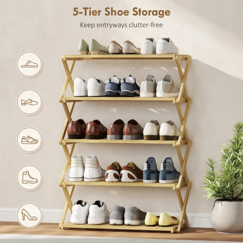 HOMCOM Five-Tier Folding Bamboo Shoe Rack - Natural Finish