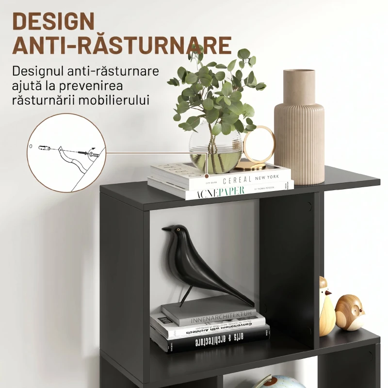 HOMCOM Bibliotecă mobilă modernă cu 5 rafturi din lemn, design modern, 60x24x184,5 cm, negru