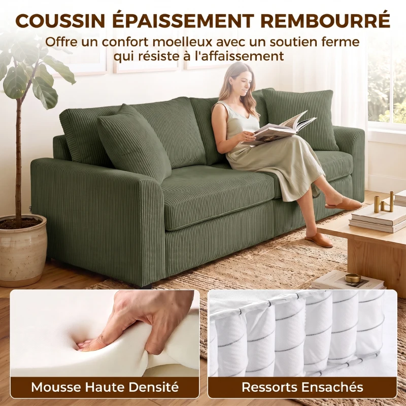 HOMCOM Canapé 3 places 212 cm avec 2 coussins à ressorts, tissu velours côtelé, pour salon, chambre, bureau à domicile, vert