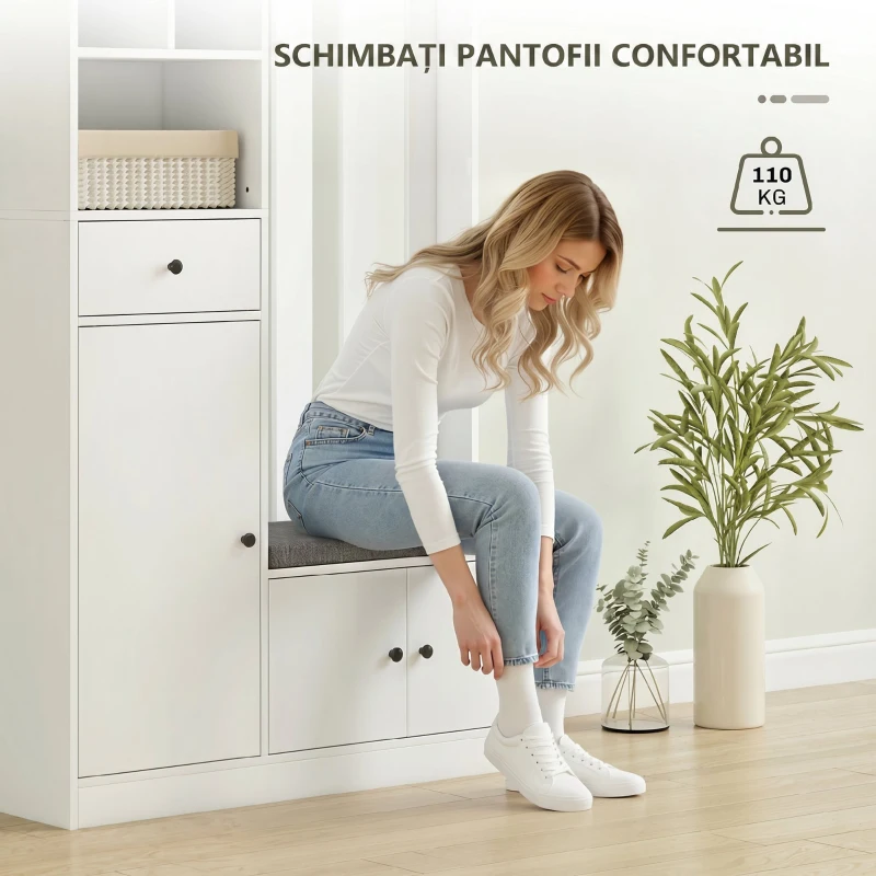 HOMCOM Cuier 180 cm cu Bancă pentru Pantofi, Soluție 4-în-1 cu Raft Reglabil, pentru Hol sau Living, Alb