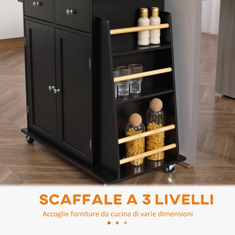 HOMCOM Carrello da Cucina con Armadietto, 2 Cassetti e Portaspezie, Isola da Cucina in Legno, 89x45x89.5cm, Nero