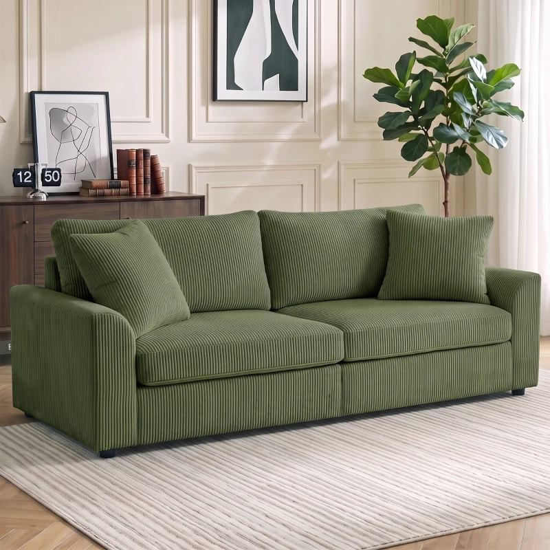 HOMCOM Canapé 3 places 212 cm avec 2 coussins à ressorts, tissu velours côtelé, pour salon, chambre, bureau à domicile, vert