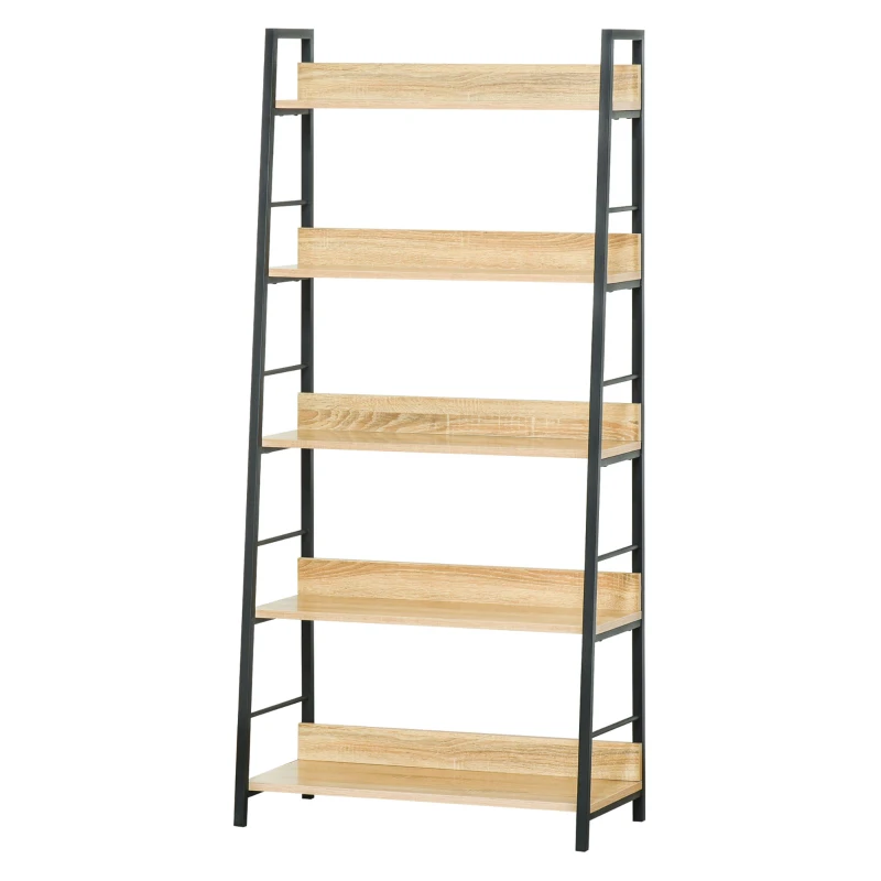 HOMCOM Estante de Estilo Industrial com 5 Níveis Estante de Sala de Estar para Livros com Estrutura de Metal 70x35x149,5 cm Natural