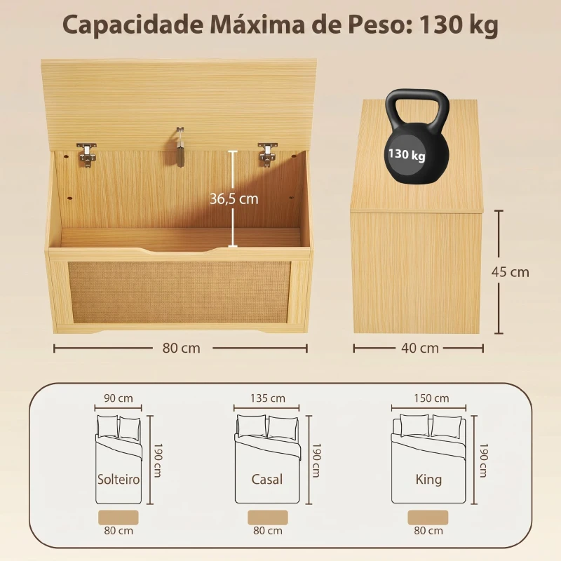 HOMCOM Baú de Arrumação 108L com Painel de Ratã e Tampa com Braços de Apoio, 80x40x45 cm, Carvalho