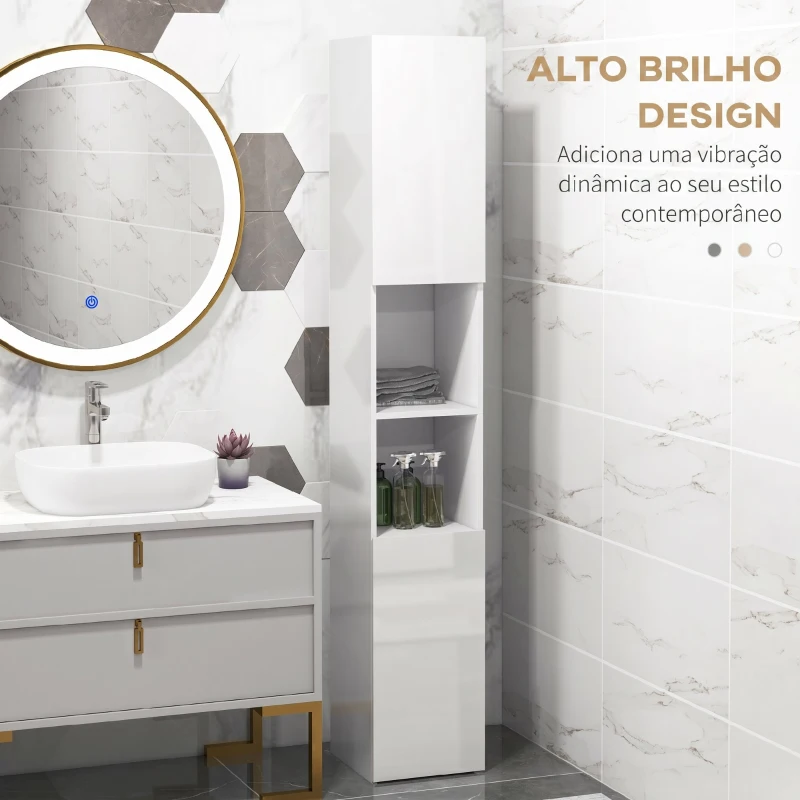 kleankin Armário Alto e Estreito para Casa de Banho com Portas e Prateleiras Ajustáveis 30x30x181,5 cm Branco Brilhante