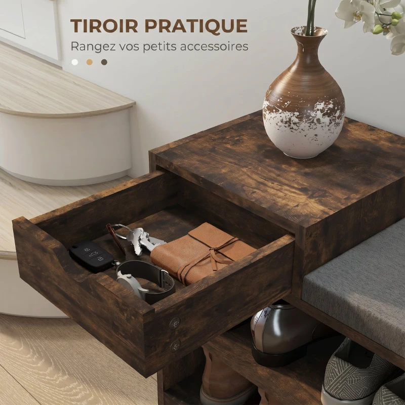 HOMCOM Meuble et Banc à Chaussures, 1 Tiroir et 3 Compartiments, Capacité 5 Paires, MDF, 76,5 x 30 x 52 cm, Marron