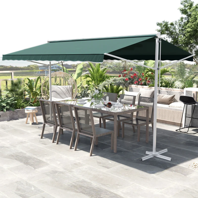 Outsunny Store Double Pente 4 x 3 m Manuel rétractable Inclinaison réglable métal Polyester imperméabilisé Vert foncé