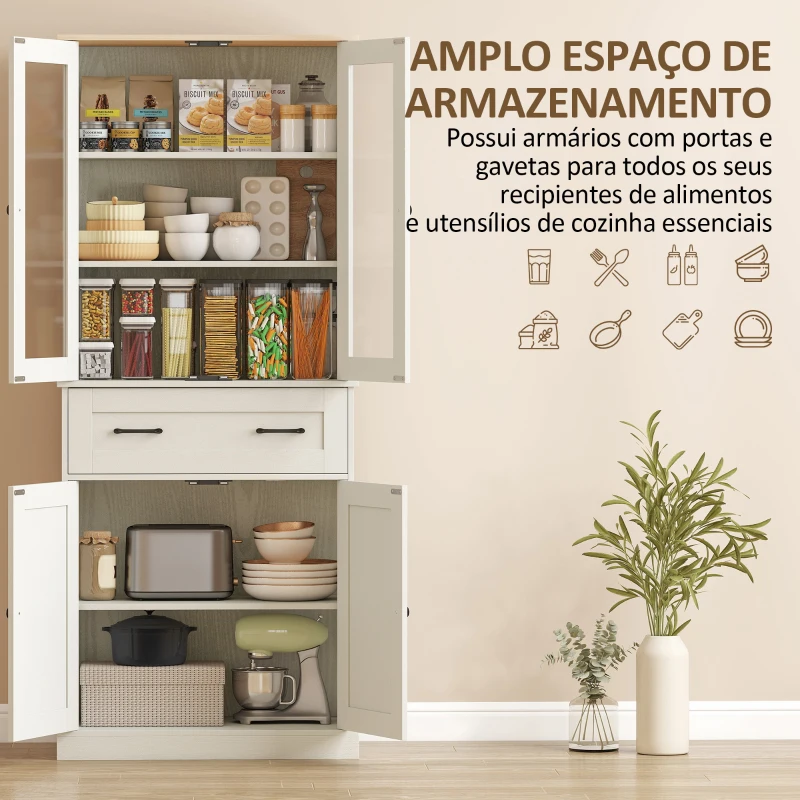 HOMCOM Armário de Cozinha com 2 Portas de Acrílico, Gaveta Grande e Prateleiras Ajustáveis 76x40x182,5 cm Creme