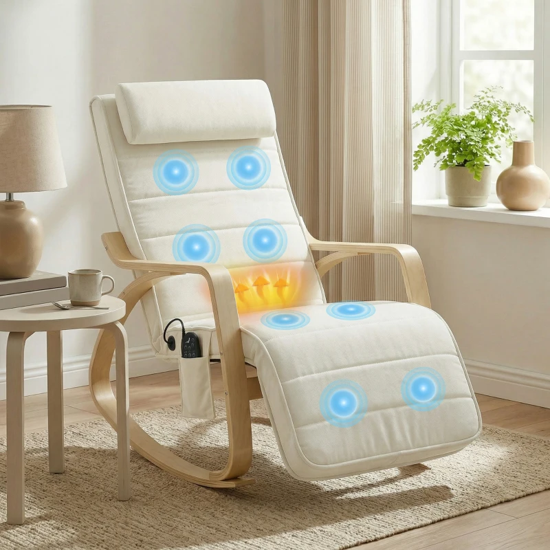 HOMCOM Schaukelstuhl mit Massage, Heizung, Kopfstütze & Fußstütze, Samtbezug, Relaxsessel, Cremeweiß