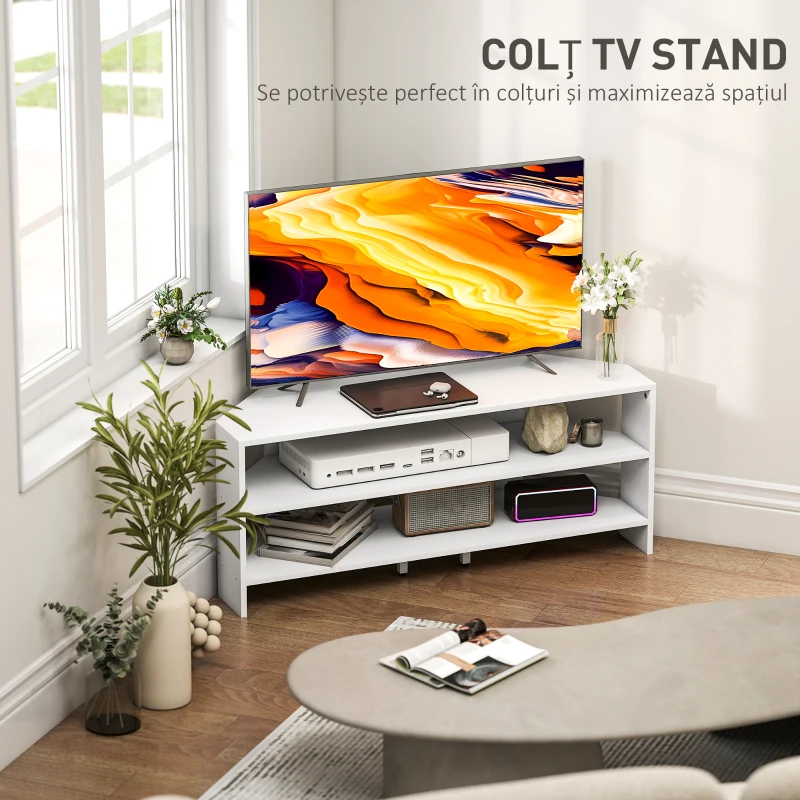 HOMCOM Mobil TV de colț pentru 47" max cu 2 rafturi deschise, din lemn, 110x36x45 cm, alb