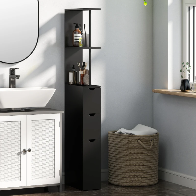 HOMCOM Meuble colonne salle de bain armoire de salle de bain avec tiroirs étagères ouvertes placard 15 x 33 x 136,8 cm noir