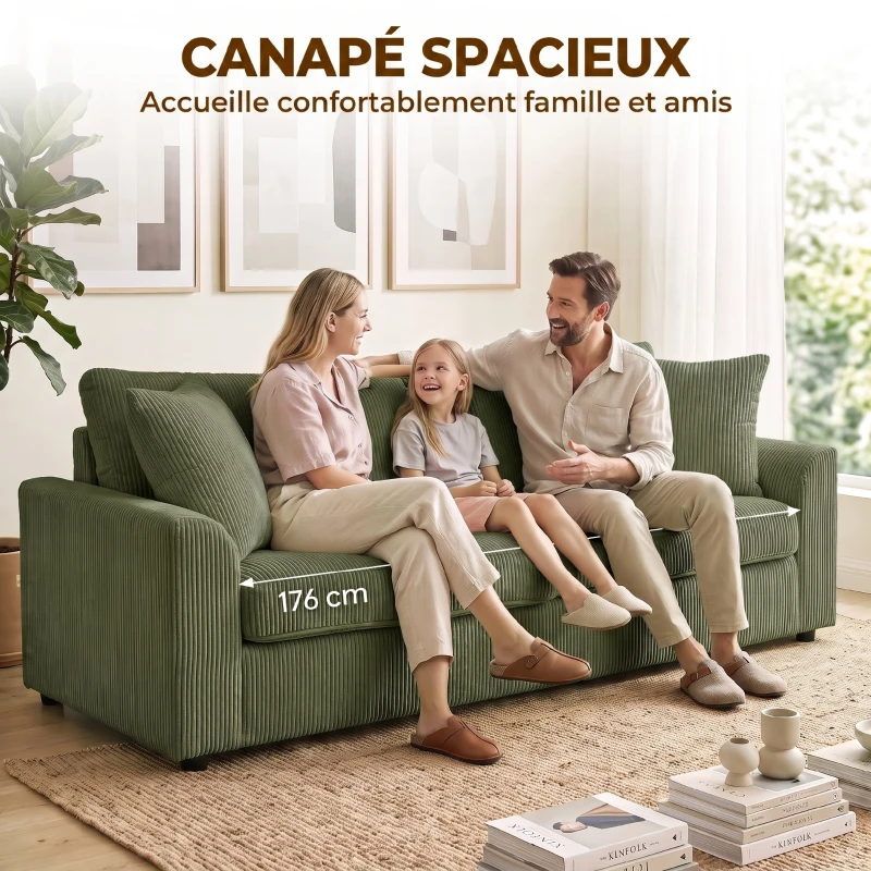 HOMCOM Canapé 3 places 212 cm avec 2 coussins à ressorts, tissu velours côtelé, pour salon, chambre, bureau à domicile, vert
