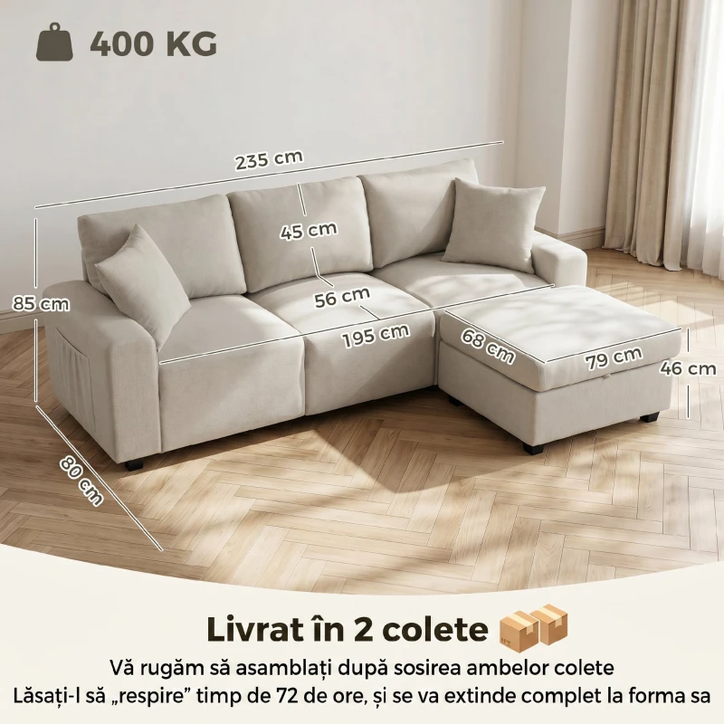 HOMCOM Canapea de Colț 3 Locuri, Respirabilă, cu Taburet cu Depozitare, Bej