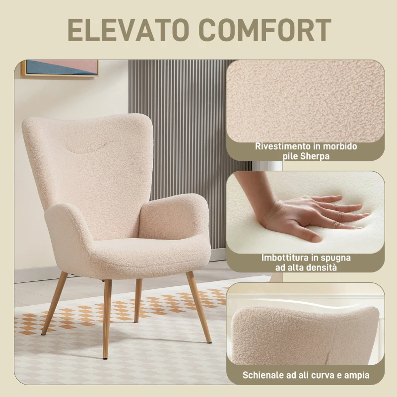 HOMCOM Poltrona Moderna in Tessuto Sherpa Imbottita con Schienale Alto e Braccioli, Beige