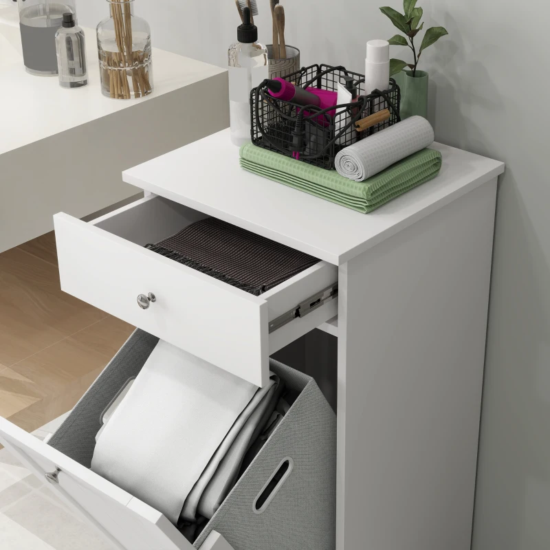 HOMCOM Armário de Casa de Banho com Cesto de Roupa Suja Basculante Móvel para Roupa Suja com Saco de Tecido Dobrável e Gaveta Branco 40x38x90 cm